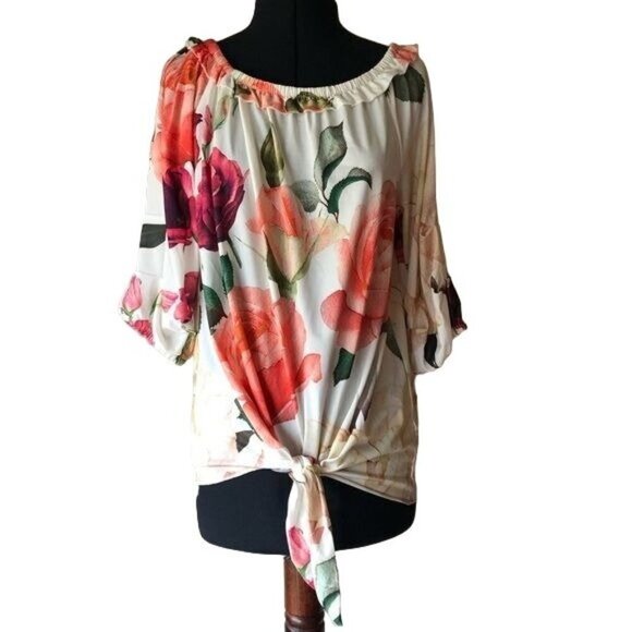 Lily for Firmiana Peasant Blouse With Coral Roses Size L - Picture 2 of 9